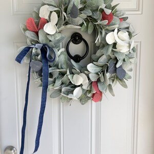 Patriotic Lambs Ear Wreath for Front Door with Blue Ribbon Bow, Red White and Blue Eucalyptus, Fourth of July, Memorial Day, Veteran's Day image 10