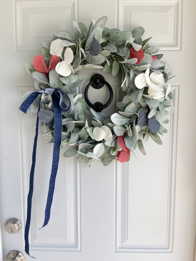 Patriotic Lambs Ear Wreath for Front Door with Blue Ribbon Bow, Red White and Blue Eucalyptus, Fourth of July, Memorial Day, Veteran's Day image 10