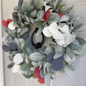 Patriotic Lambs Ear Wreath for Front Door with Blue Ribbon Bow, Red White and Blue Eucalyptus, Fourth of July, Memorial Day, Veteran's Day image 4
