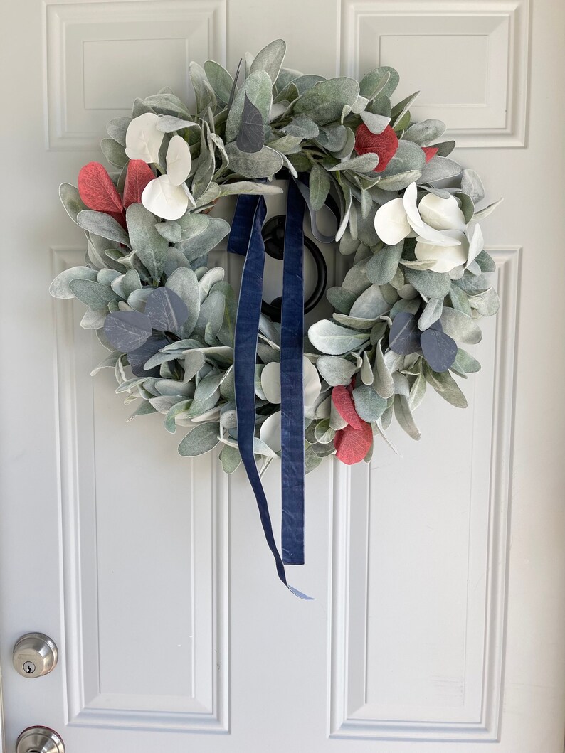 Patriotic Lambs Ear Wreath for Front Door with Blue Ribbon Bow, Red White and Blue Eucalyptus, Fourth of July, Memorial Day, Veteran's Day image 1