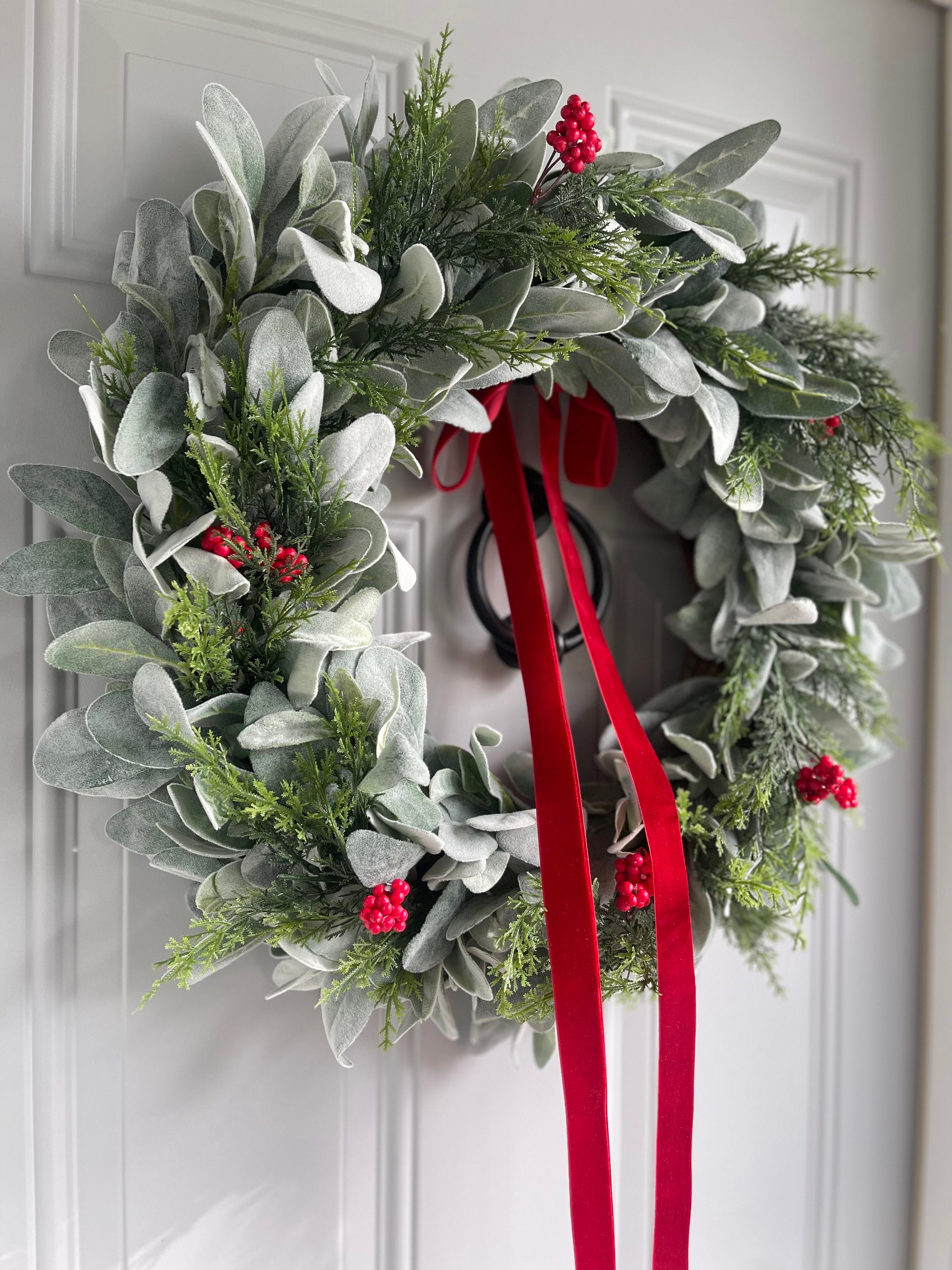 Lambs Ear and Cedar Winter Wreath, Red Berry Red Velvet Bow Christmas ...