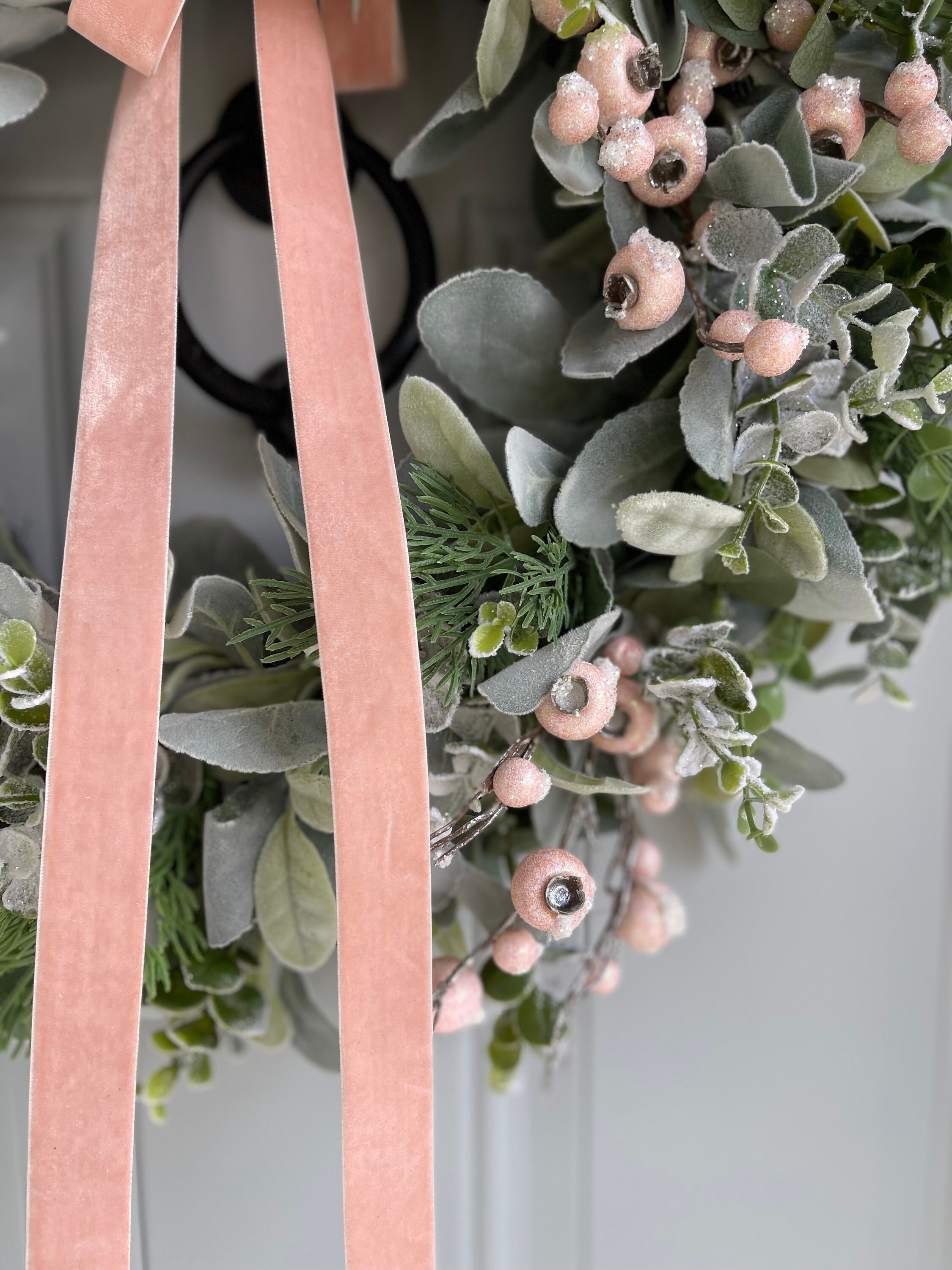 Lambs Ear and Pink Winter Wreath, Christmas Holiday Wreath With Frosted ...