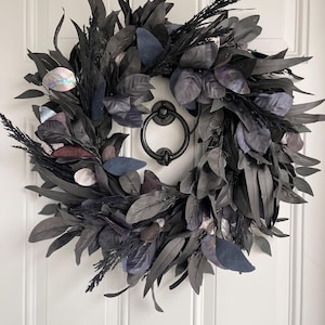 Black Chic Eucalyptus Front Door Wreath, Black Modern Halloween Wreath with Shimmery Sparkly Iridescent Blue Black Leaves, Mourning Wreath