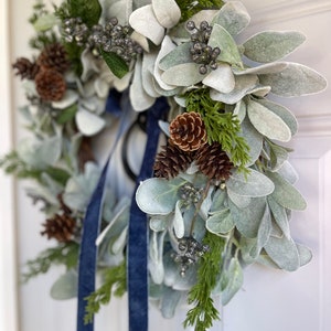 Lambs Ear and Pine Winter Wreath Blue Berries Velvet Bow, Christmas ...