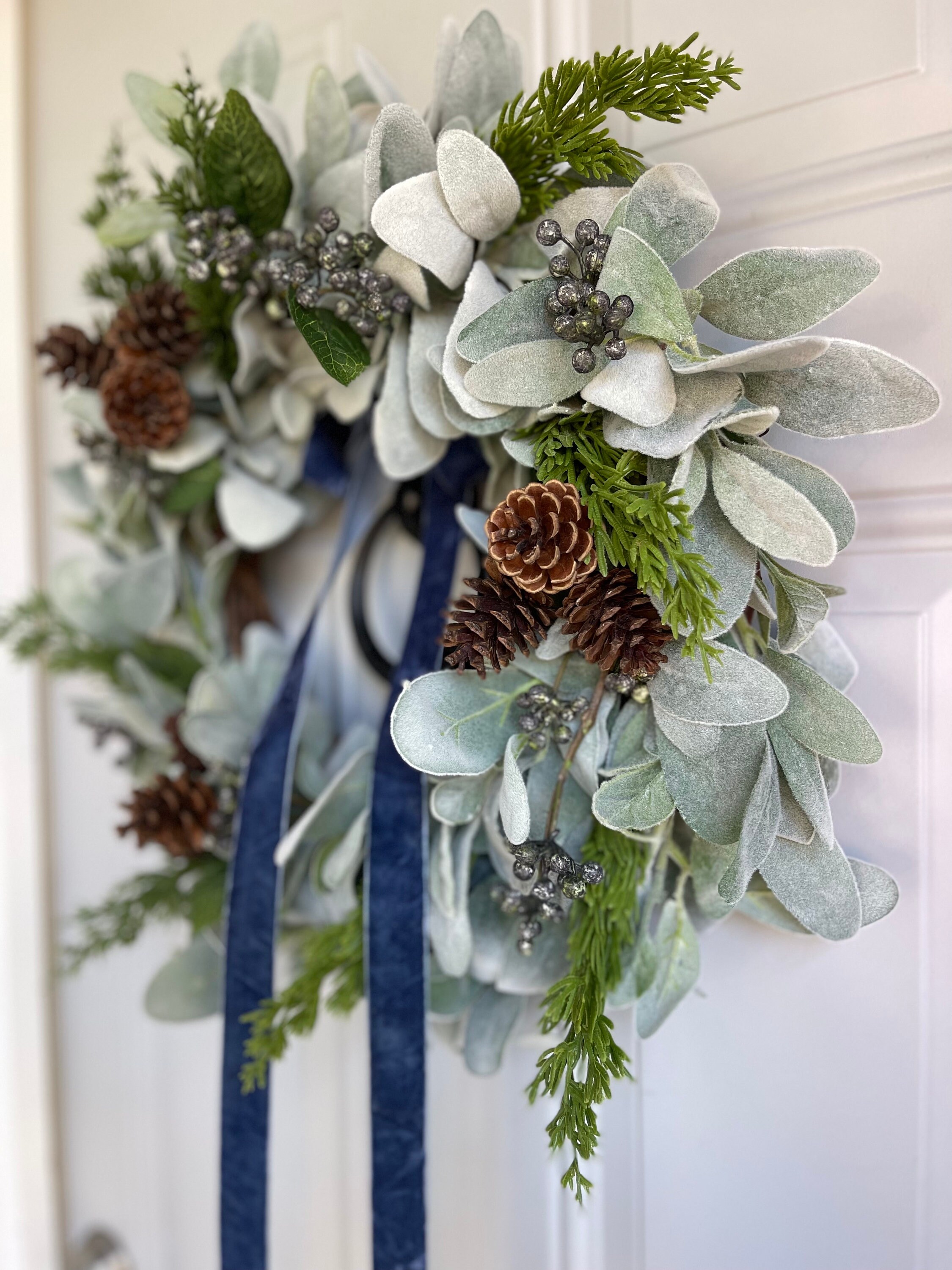 Lambs Ear and Pine Winter Wreath Blue Berries Velvet Bow, Christmas ...