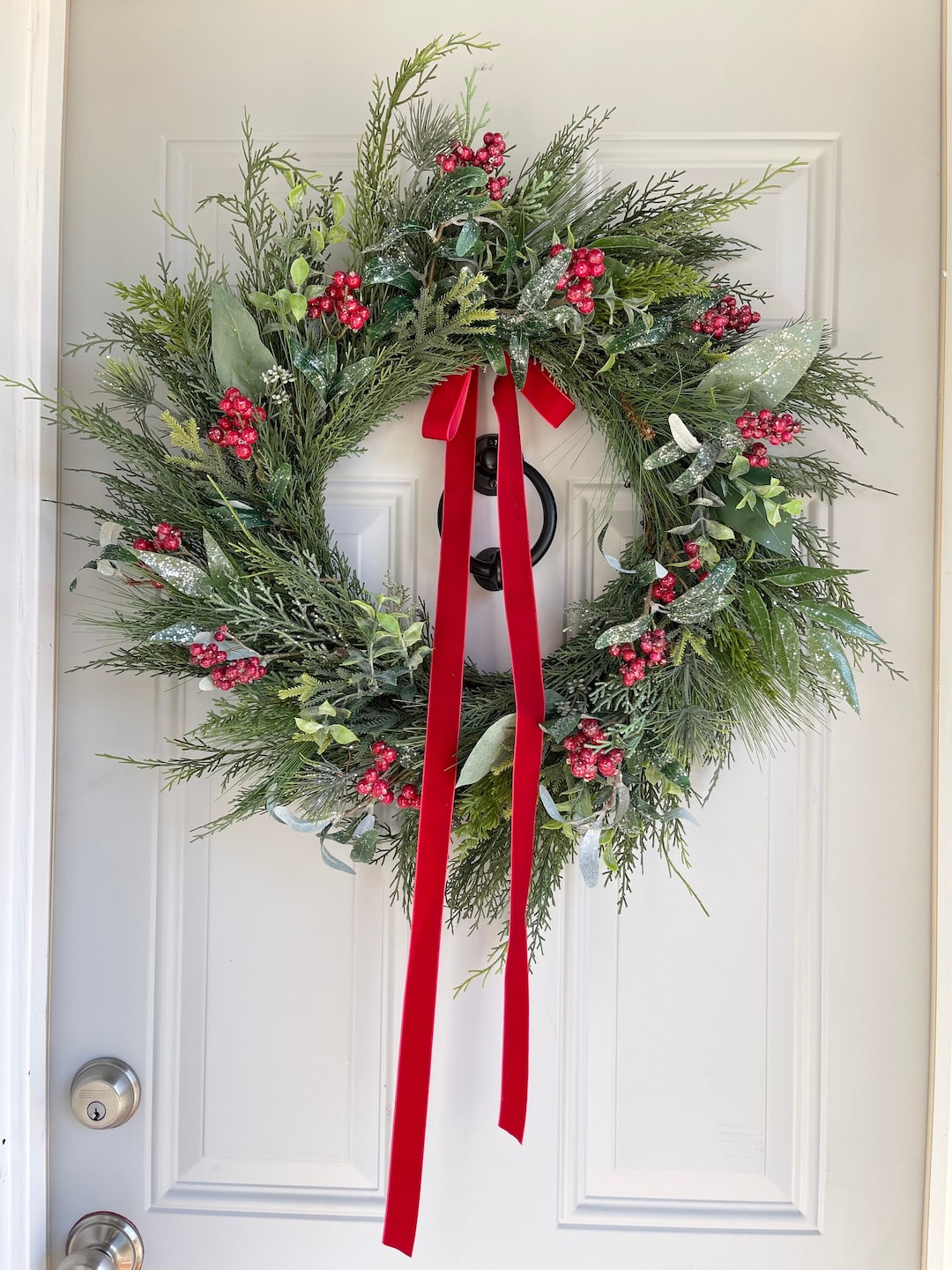 Pine Cedar and Fir Wreath With Red Berries and Red Velvet Bow ...