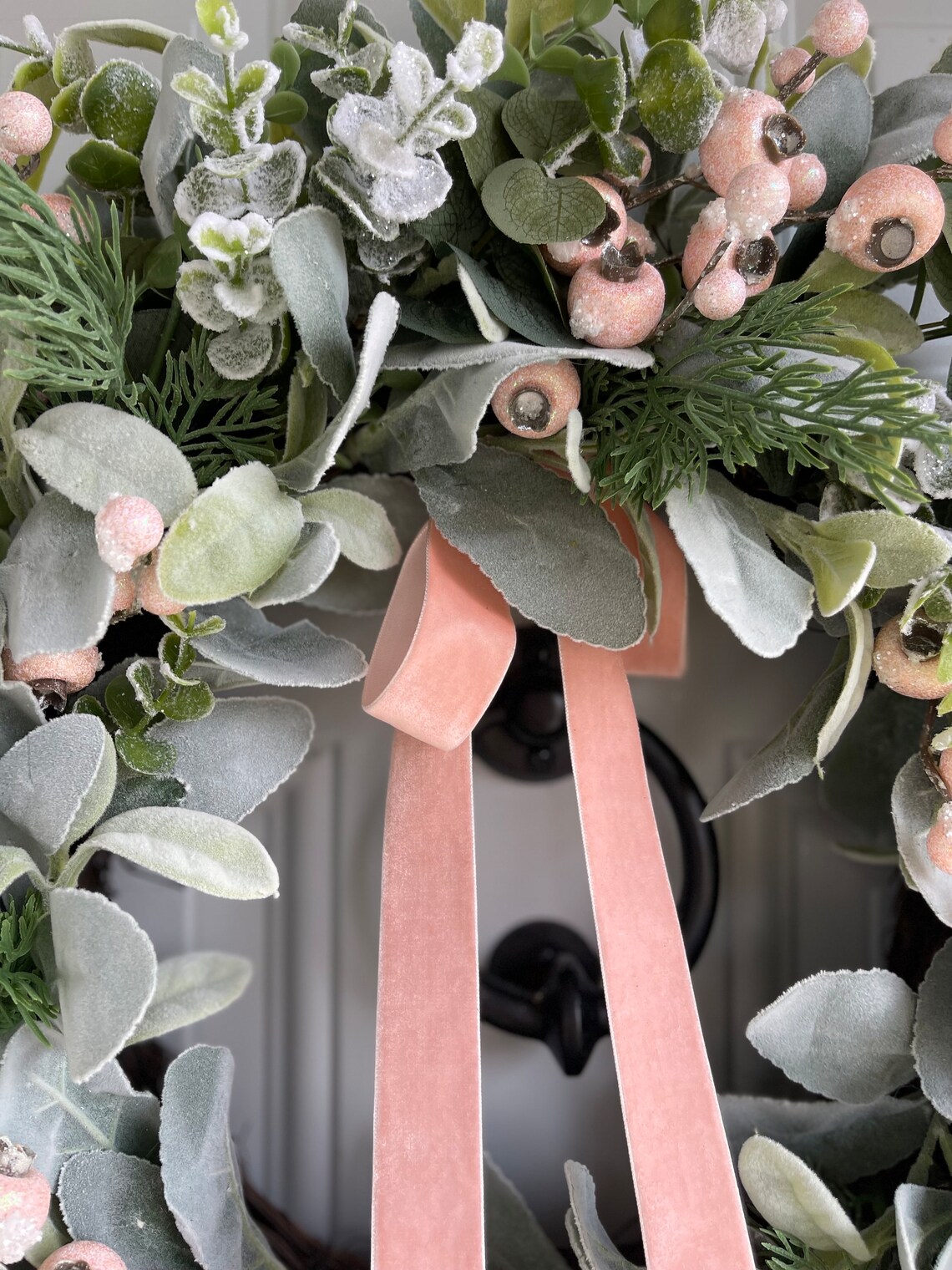 Lambs Ear and Pink Winter Wreath, Christmas Holiday Wreath With Frosted ...