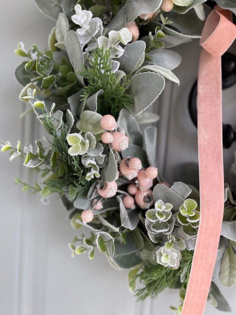Lambs Ear and Pink Winter Wreath, Christmas Holiday Wreath With Frosted ...