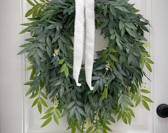 Year Round Cascading Greenery Teardrop Wreath, Seeded Spring Summer Eucalyptus Front Door Wreath, Hanging Bow Modern Farmhouse Wall Decor