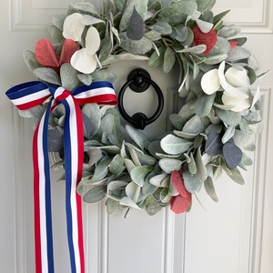 Patriotic Lambs Ear Wreath for Front Door with Blue Ribbon Bow, Red White and Blue Eucalyptus, Fourth of July, Memorial Day, Veteran's Day image 9