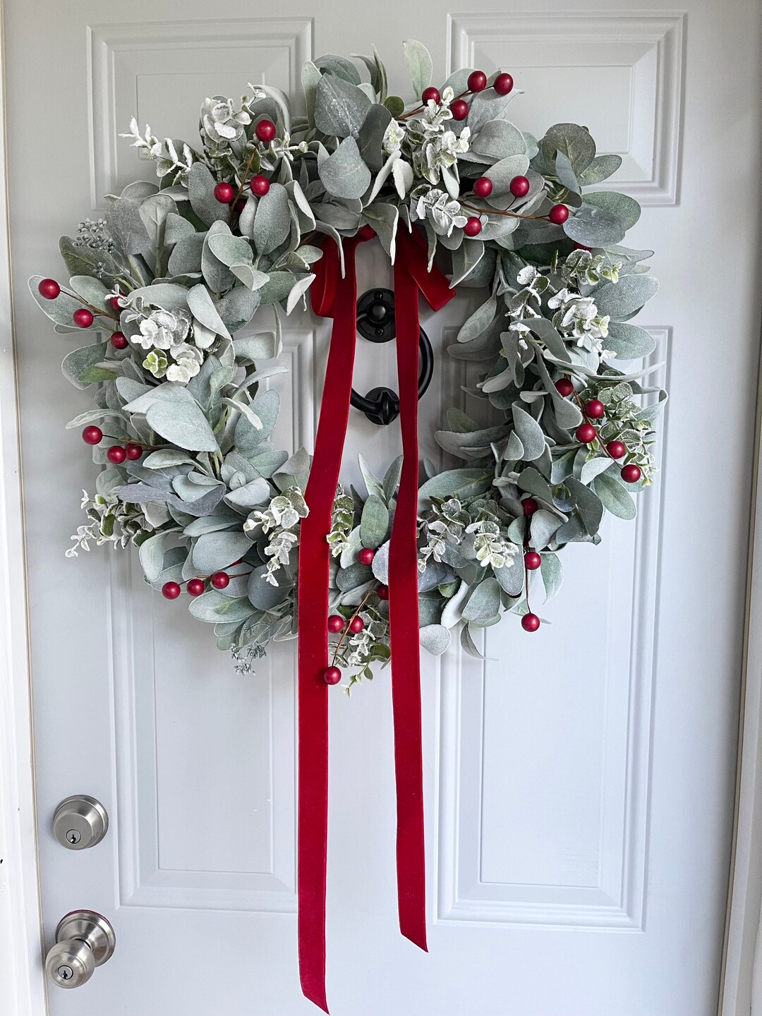 Lambs Ear and Snowy Eucalyptus Winter Wreath With Red Berries Red ...