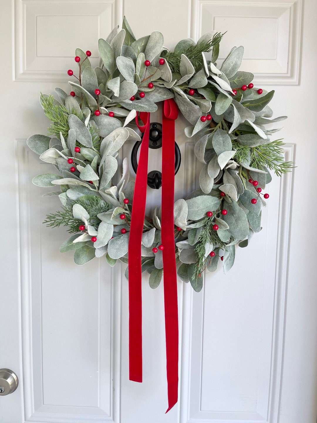 Lambs Ear and Pine Winter Wreath Red Berries Red Velvet Bow, Christmas ...