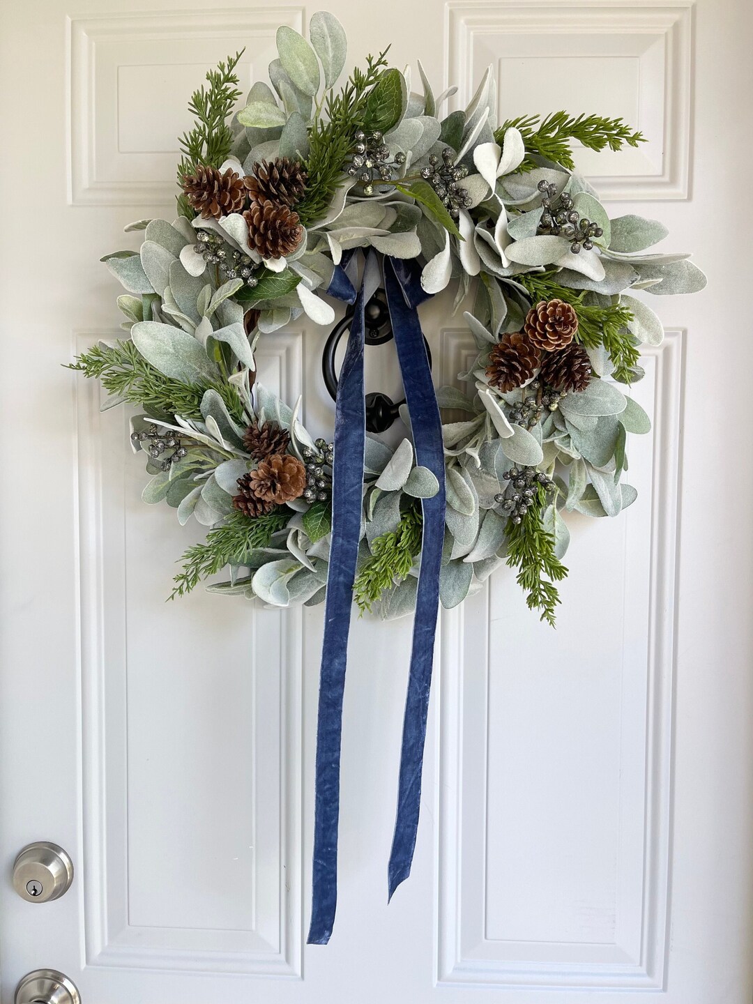 Lambs Ear and Pine Winter Wreath Blue Berries Velvet Bow, Christmas ...
