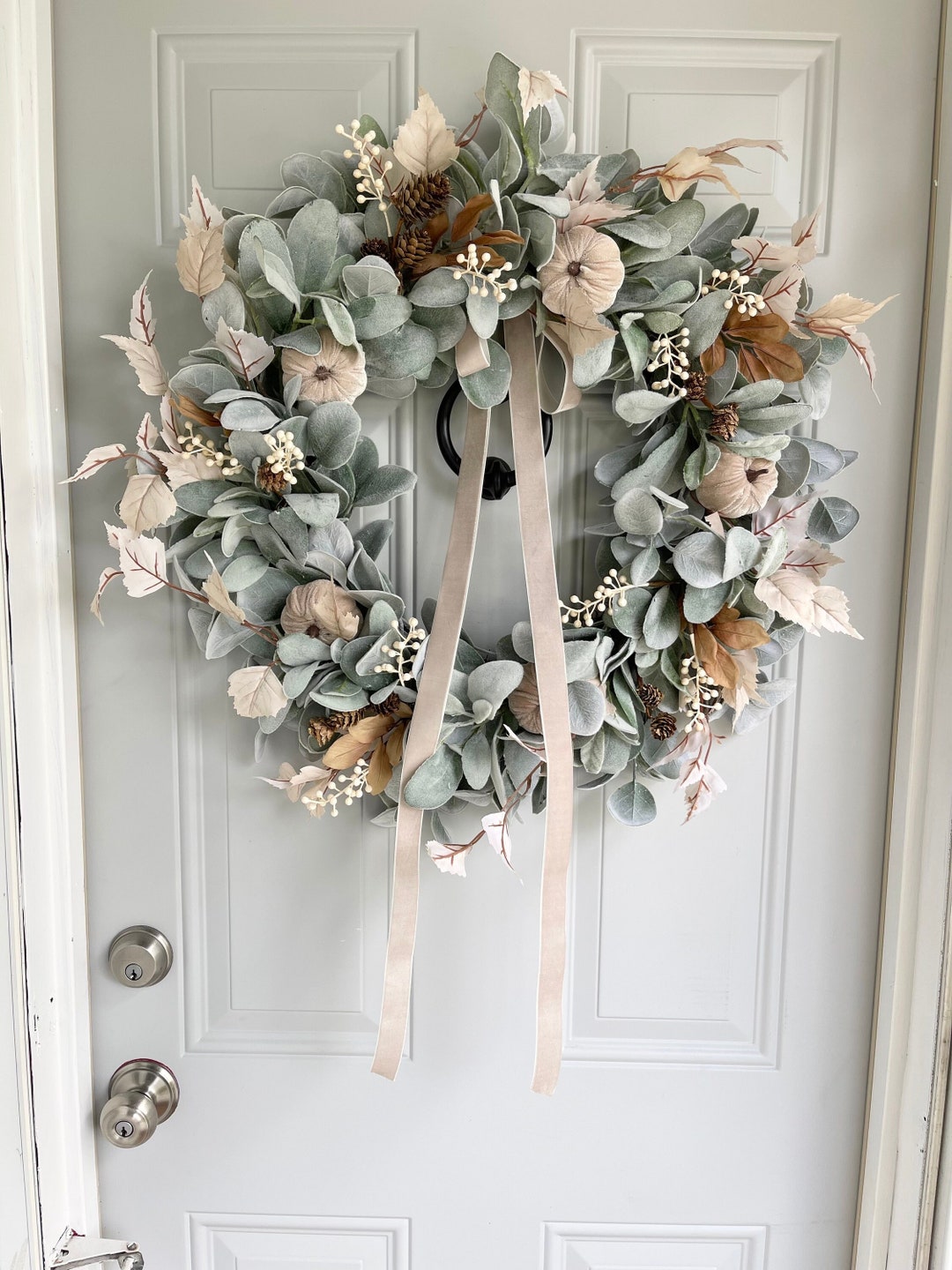 Lambs Ear Velvet Pumpkin Fall Leaves Wreath, Neutral Fall Wreath With ...