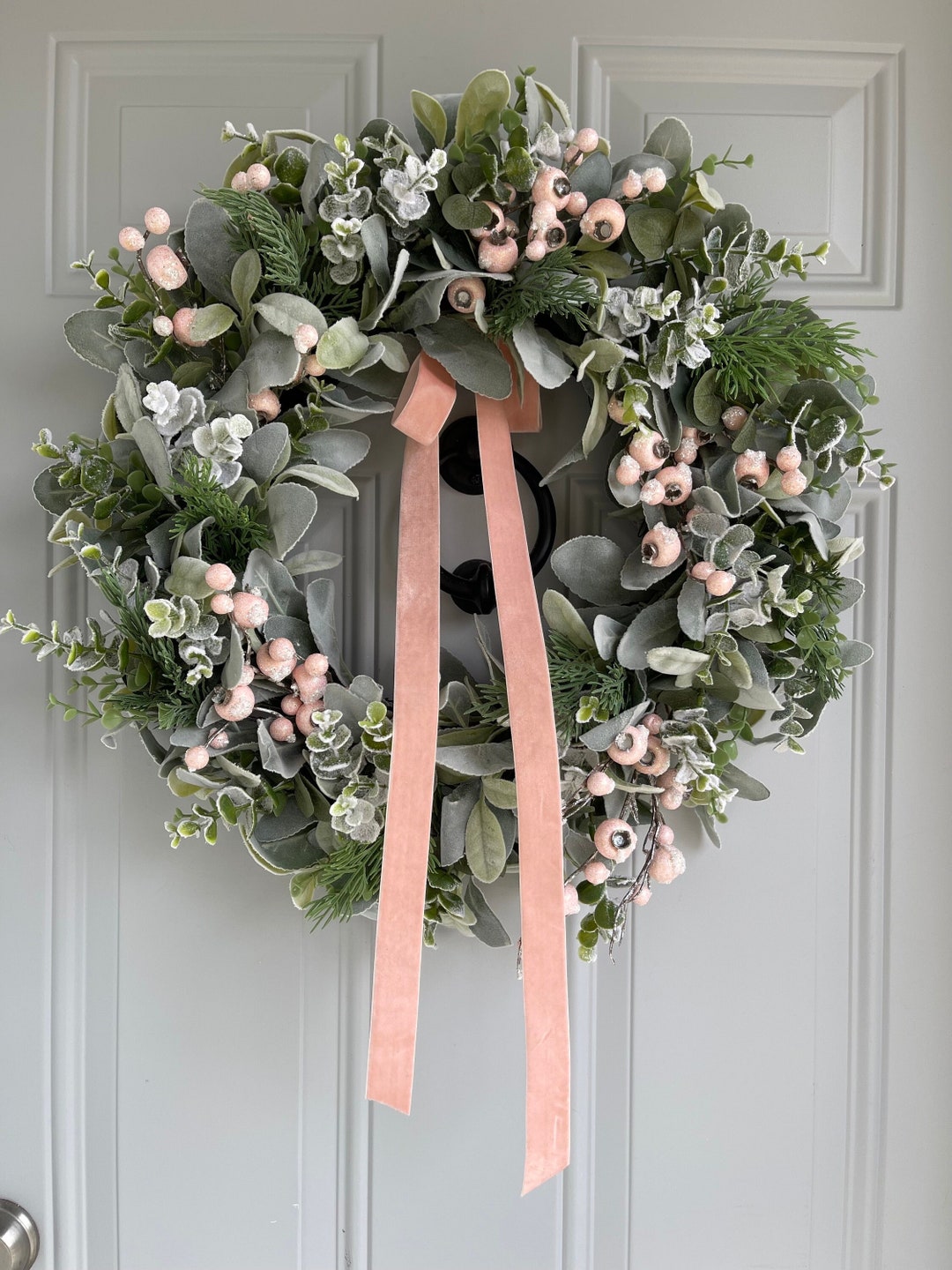 Lambs Ear and Pink Winter Wreath, Christmas Holiday Wreath With Frosted ...