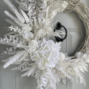 White Winter Wreath with Snowy Hydrangea and White Eucalyptus, All White Flocked Wreath for Front Door, Monochromatic Christmas Wall Decor image 2