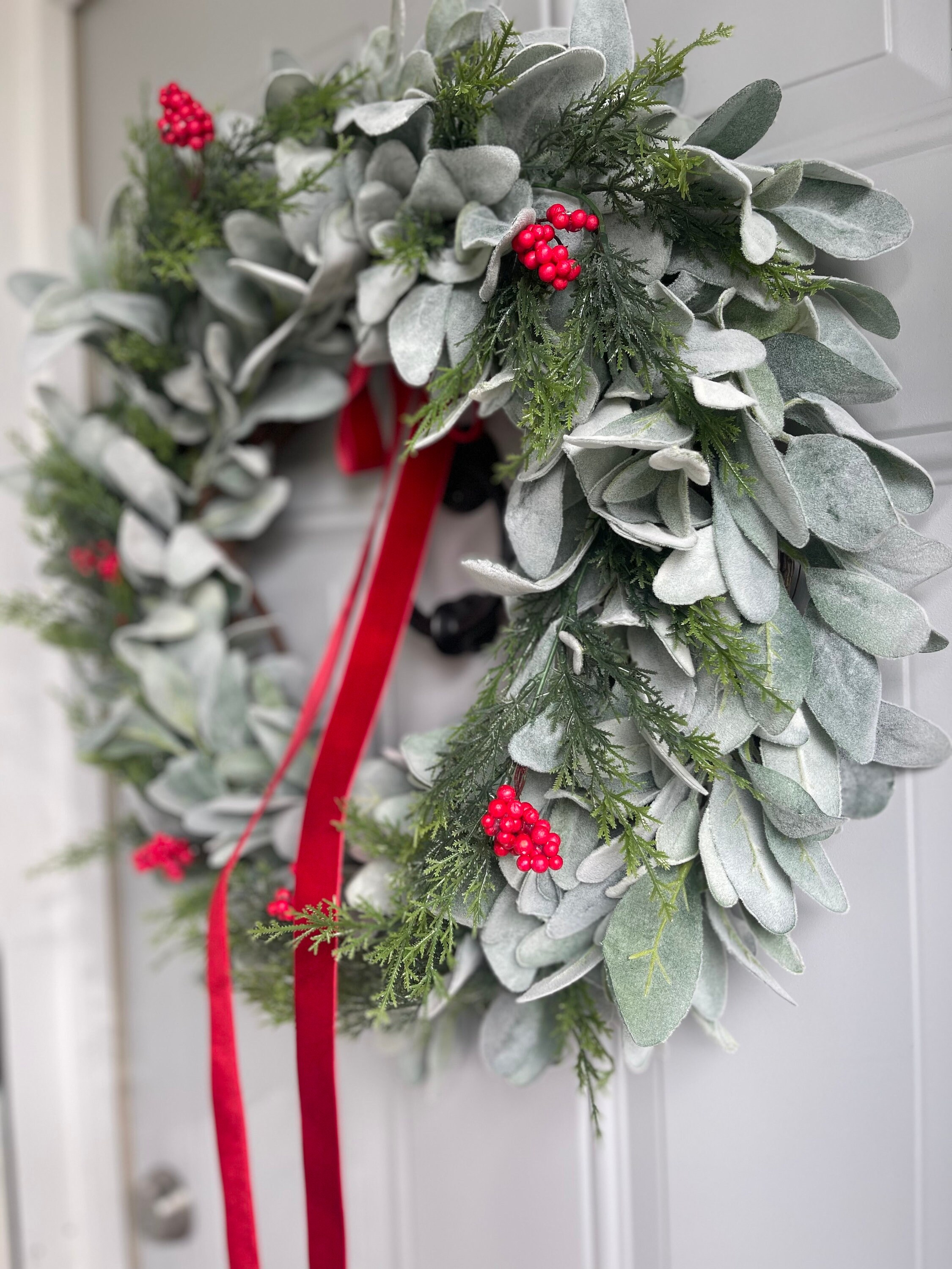 Lambs Ear and Cedar Winter Wreath, Red Berry Red Velvet Bow Christmas ...