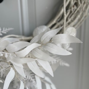 White Winter Wreath with Snowy Hydrangea and White Eucalyptus, All White Flocked Wreath for Front Door, Monochromatic Christmas Wall Decor image 5