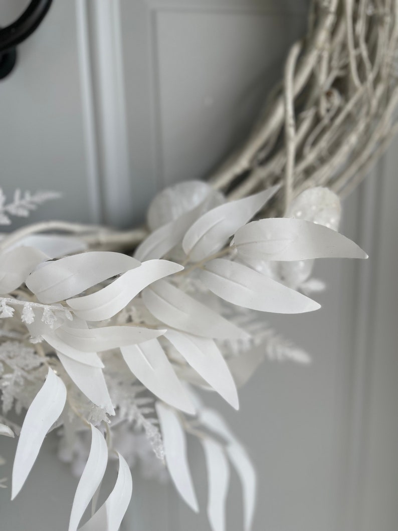 White Winter Wreath with Snowy Hydrangea and White Eucalyptus, All White Flocked Wreath for Front Door, Monochromatic Christmas Wall Decor image 5