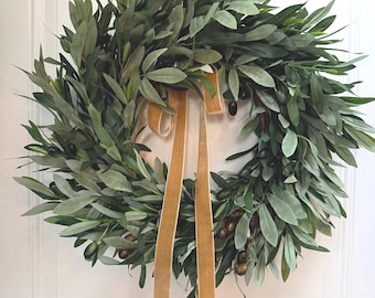 Year Round Olive Wreath, Olive Leaves Branch Wreath for Front Door, Every Day Greenery Wreath with Bow, Tuscan Wall Decor, Minimalist Decor