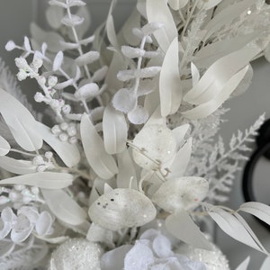 White Winter Wreath with Snowy Hydrangea and White Eucalyptus, All White Flocked Wreath for Front Door, Monochromatic Christmas Wall Decor image 6