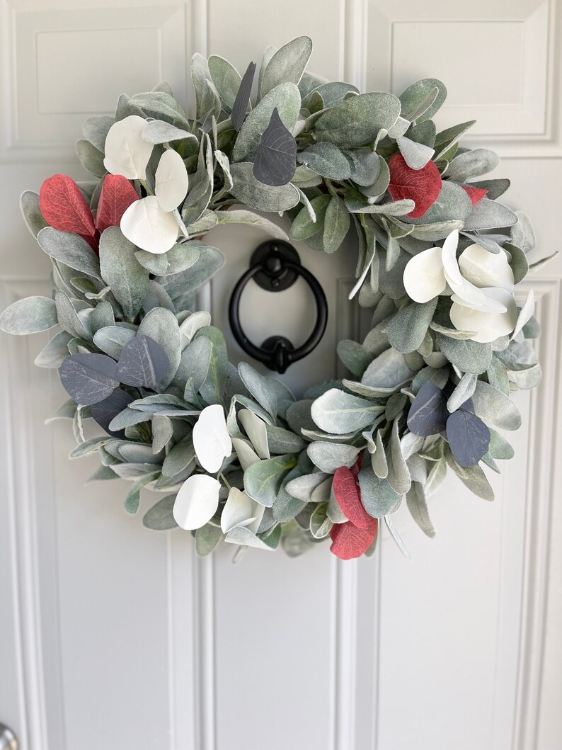 Patriotic Lambs Ear Wreath for Front Door with Blue Ribbon Bow, Red White and Blue Eucalyptus, Fourth of July, Memorial Day, Veteran's Day image 2