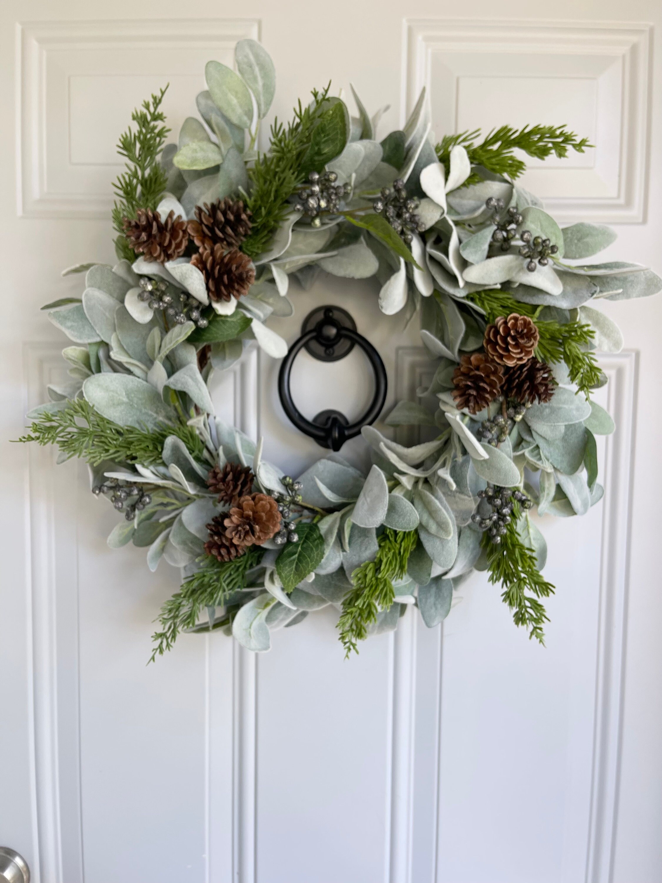 Lambs Ear and Pine Winter Wreath Blue Berries Velvet Bow, Christmas ...