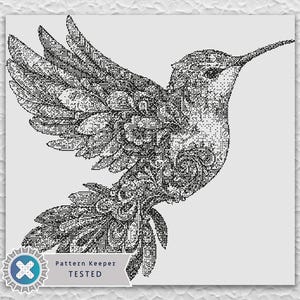 May include: Black and white hummingbird illustration with intricate floral and geometric patterns. The bird is depicted in mid-flight, with wings spread. The image is on a white background with the text "Pattern Keeper TESTED".