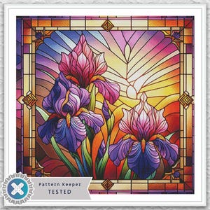 Può includere: Un'opera d'arte in vetro colorato incorniciata con tre fiori di iris viola e rosa. Lo sfondo raffigura un tramonto con sfumature gialle e arancioni, incorniciato da un bordo geometrico. Il testo "Pattern Keeper TESTED" è visibile.