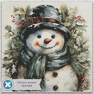 May include: Watercolor painting of a snowman wearing a black hat and a blue-green scarf. The snowman has a carrot nose, rosy cheeks, and a smiling mouth. Holly and pine branches surround the snowman, with red berries and pinecones.