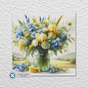 May include: Watercolor painting of a floral arrangement in a glass jar. The bouquet features yellow irises, blue irises, and other greenery. The background shows a sunny landscape with fields and hills. The text "Pattern Keeper TESTED" is at the bottom.