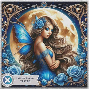Fantasy Blue Fairy Full Coverage Counted Cross Stitch Pattern Digital PDF Compatible with Pattern Keeper App. Instant Download Printable PDF
