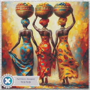 Può includere: Dipinto a olio raffigurante tre donne che trasportano cesti di frutta sulla testa. Indossano abiti colorati nei toni del blu, rosso e giallo. Lo sfondo presenta toni caldi di arancione e giallo, creando una scena vibrante e artistica.