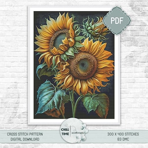 Beautiful sunflowers on black background modern full coverage counted cross stitch pattern PDF for advanced stitchers