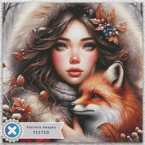 Puede incluir: Una impresión de arte digital de una mujer con cabello castaño largo y mejillas rosadas, que lleva una capucha forrada de piel, abrazando a un zorro rojo. La obra de arte tiene un tema invernal, con hojas y bayas en su cabello. La imagen está etiquetada como "Pattern Keeper TESTED."