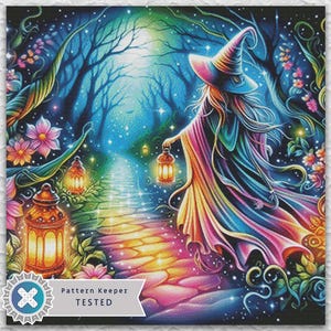 May include: A vibrant illustration of a mystical scene. A figure in a colorful gown and witch's hat walks a stone path, holding a lantern. The path leads into a glowing forest with flowers and lanterns. The image is labeled "Pattern Keeper TESTED."