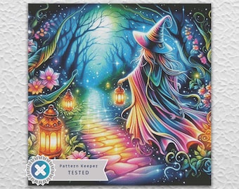 Forest Walk Witch Full Coverage Counted Cross Stitch Pattern Digital PDF Compatible with Pattern Keeper App. Instant Download Printable.