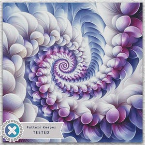 Puede incluir: Impresión artística abstracta en espiral en tonos blancos, azules y morados. La obra de arte presenta un patrón detallado y arremolinado con un vórtice central. La imagen incluye el texto "Pattern Keeper TESTED" en una insignia.