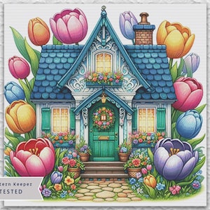 May include: A whimsical illustration of a teal cottage surrounded by colorful tulips. The cottage has a blue roof, green door, and window boxes overflowing with flowers. A floral wreath adorns the door. The image is labeled "Pattern Keeper Tested."