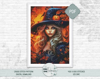 Blue-eyed Halloween witch portrait with pumpkins full coverage cross stitch pattern PDF instant digital download compatible with PK