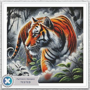 May include: A detailed painting of a tiger in a forest setting. The tiger has orange and black stripes with white accents. The background features a misty forest with trees and foliage. The image is framed in a white border.