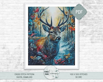 Beautiful whimsical winter forest deer difficult full coverage counted cross stitch pattern downloadable PDF at an affordable price