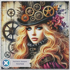 Puede incluir: Impresión de arte digital de una mujer con largo cabello rubio y llamativos ojos azules, que lleva un sombrero de estilo steampunk adornado con engranajes y flores. El fondo presenta engranajes y una estética vintage.