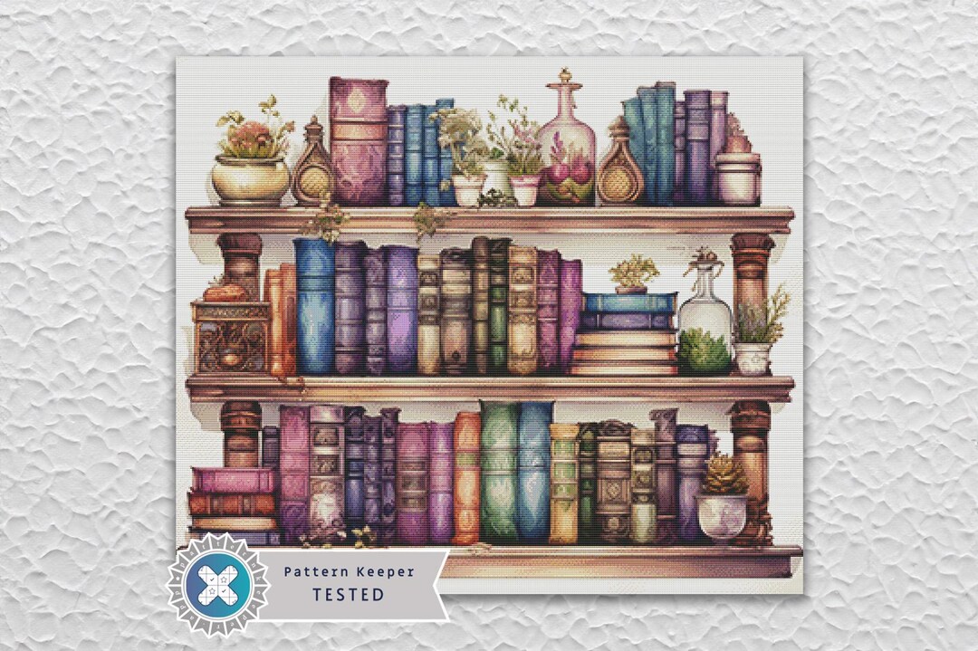 Bookshelf and Plants Full Coverage Counted Cross Stitch Pattern Digital ...