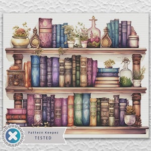 Puede incluir: Ilustración en acuarela de una estantería llena de libros antiguos de varios colores, incluyendo azul, morado y marrón. Pequeñas plantas en macetas y botellas decorativas se colocan en los estantes. La imagen tiene una estética vintage.