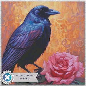 May include: A painting of a dark blue raven with purple accents perched next to a large pink rose. The background is a warm orange with decorative swirls. The image has the text "Pattern Keeper TESTED".