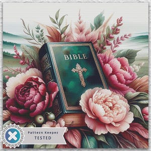 Op de afbeelding: Een aquarel schilderij van een Bijbel met een groene kaft en een gouden kruis, omringd door roze en rode pioenrozen en bladeren. Het woord "BIBLE" is zichtbaar op de kaft. De afbeelding heeft een zachte, romantische uitstraling.