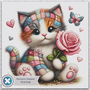 May include: A watercolor illustration of a patchwork kitten holding a pink rose. The kitten has blue eyes and is surrounded by hearts and a butterfly. The image has a soft, whimsical feel.