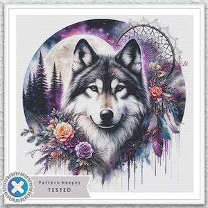 May include: Watercolor painting of a wolf's face with a dreamcatcher, flowers, and feathers. The wolf is gray and white, set against a purple and blue night sky with a full moon. Floral accents include orange and purple roses.