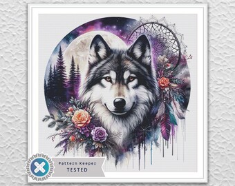 Floral Dreamcatcher Wolf Full Coverage Cross Stitch Pattern Digital PDF Compatible with Pattern Keeper App. Downloadable Printable PDF.